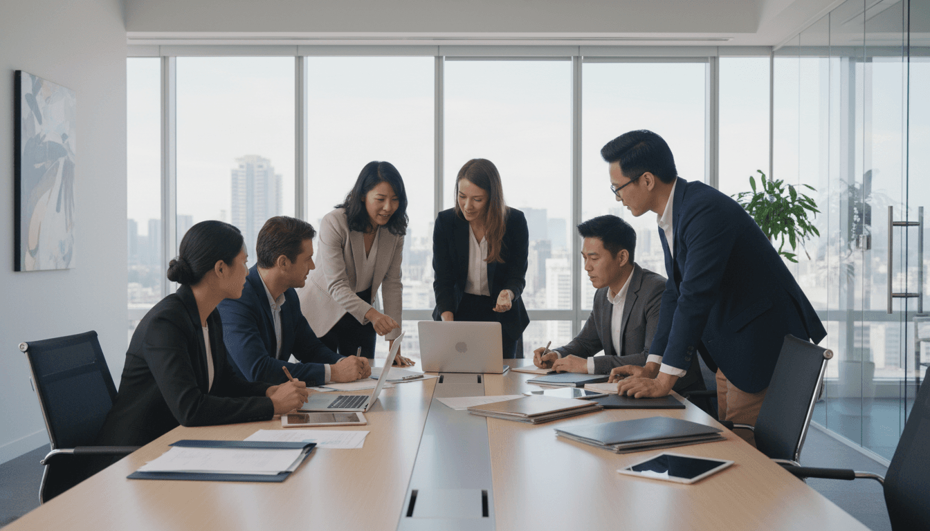 Professional team in modern office discussing business strategy