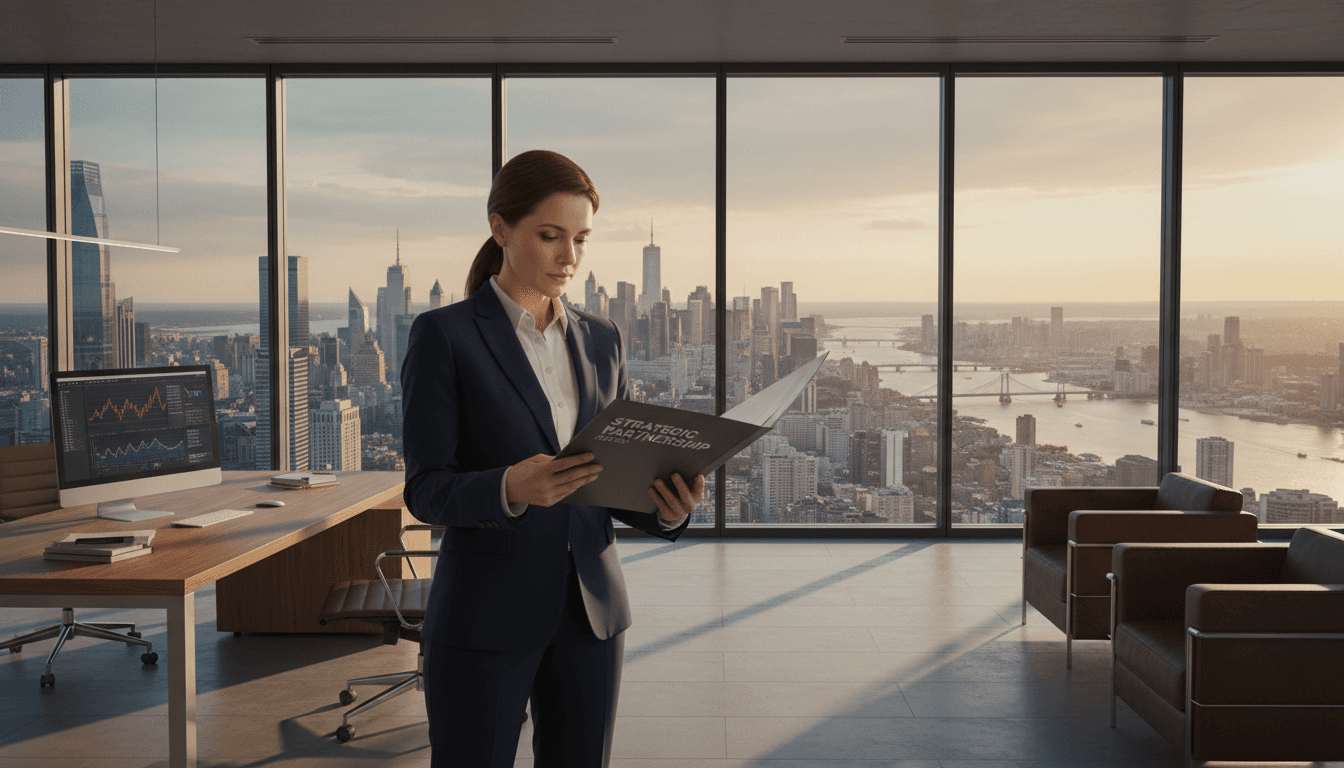 Business executive reviewing partnership strategy