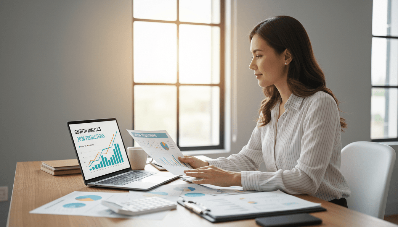 Professional reviewing growth metrics and market analysis on laptop screen