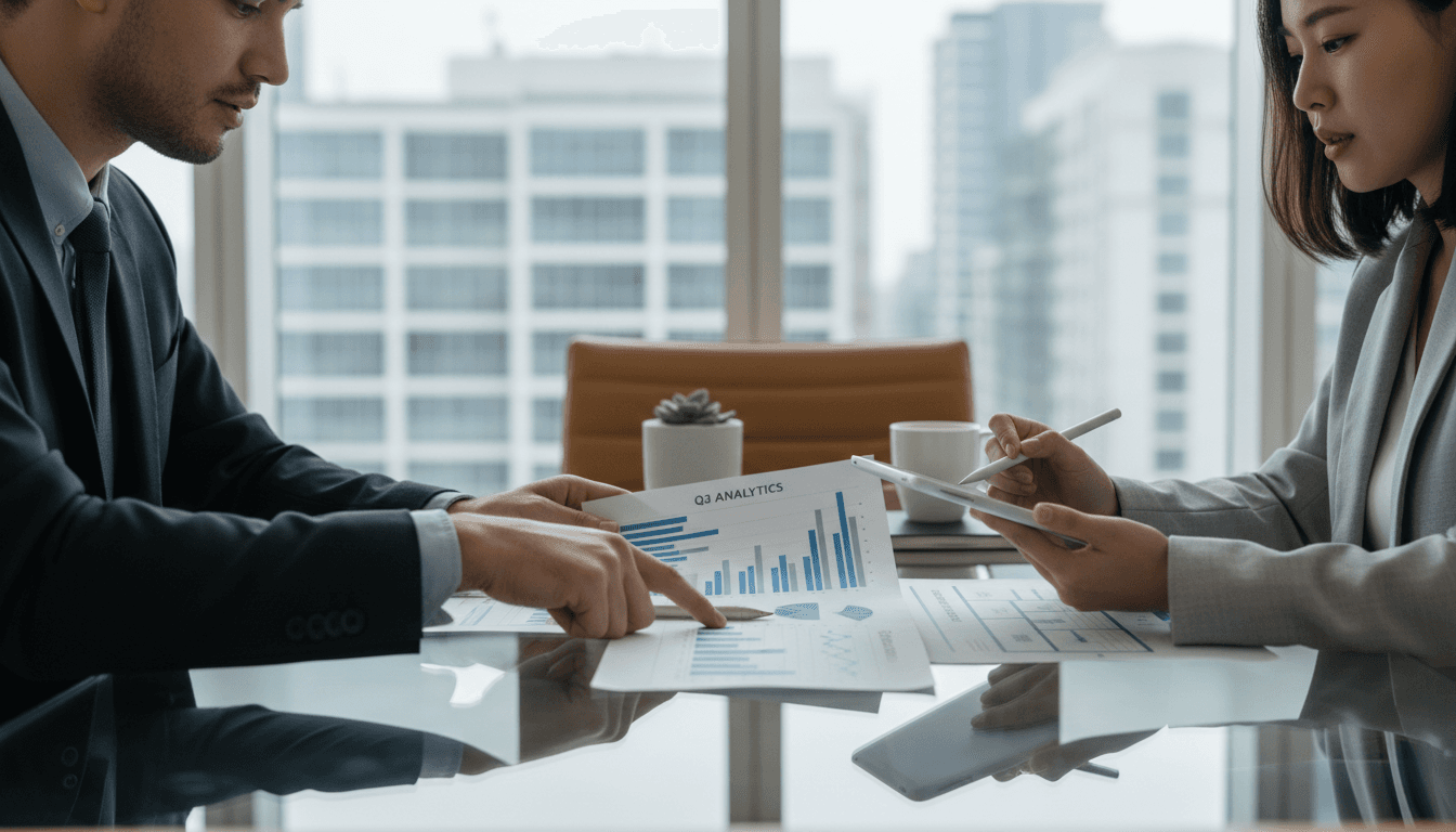 Business consultants reviewing strategy documents at a modern office conference table