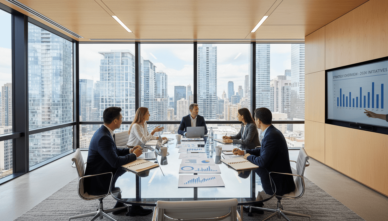 Professional team collaborating during strategic business consultation meeting